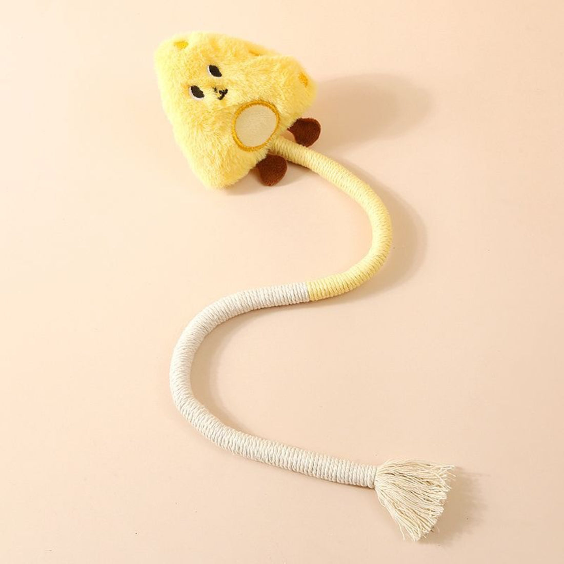 Top view of Moo interactive wand cat toy with plush charm and feather details