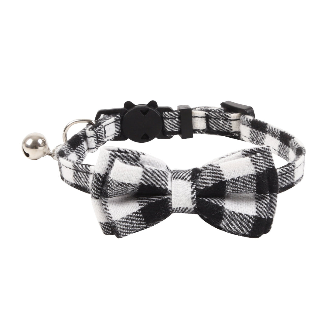 Close-up of Mokka plaid bow tie cat collar with bell showing fabric pattern