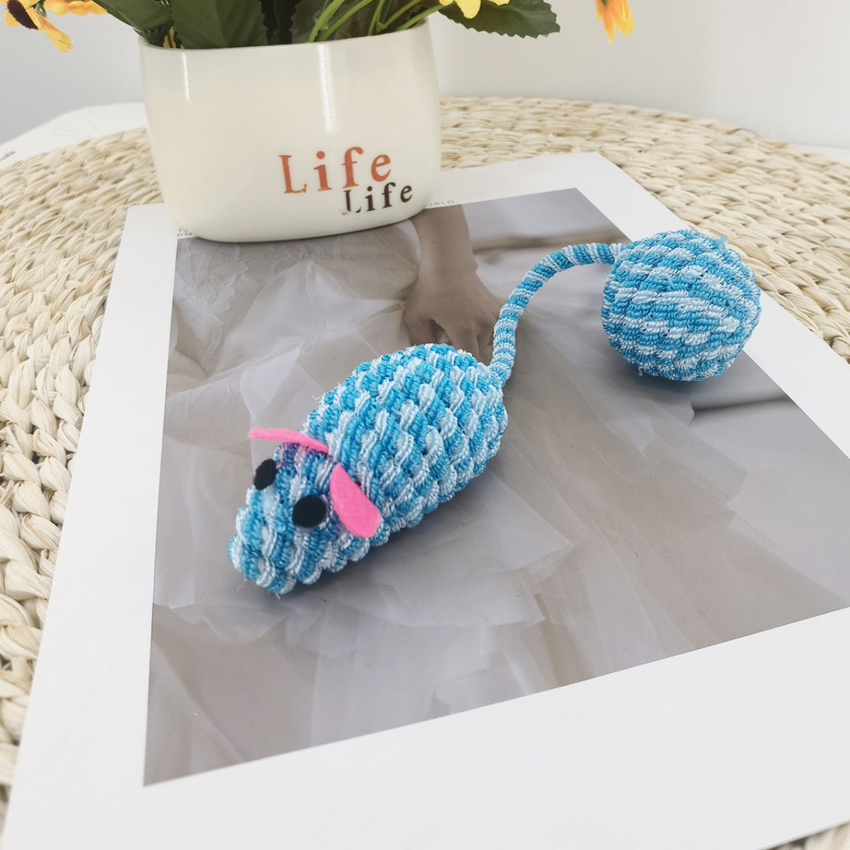 Moo cat toy displayed with a cat playing and chasing the long tail mouse