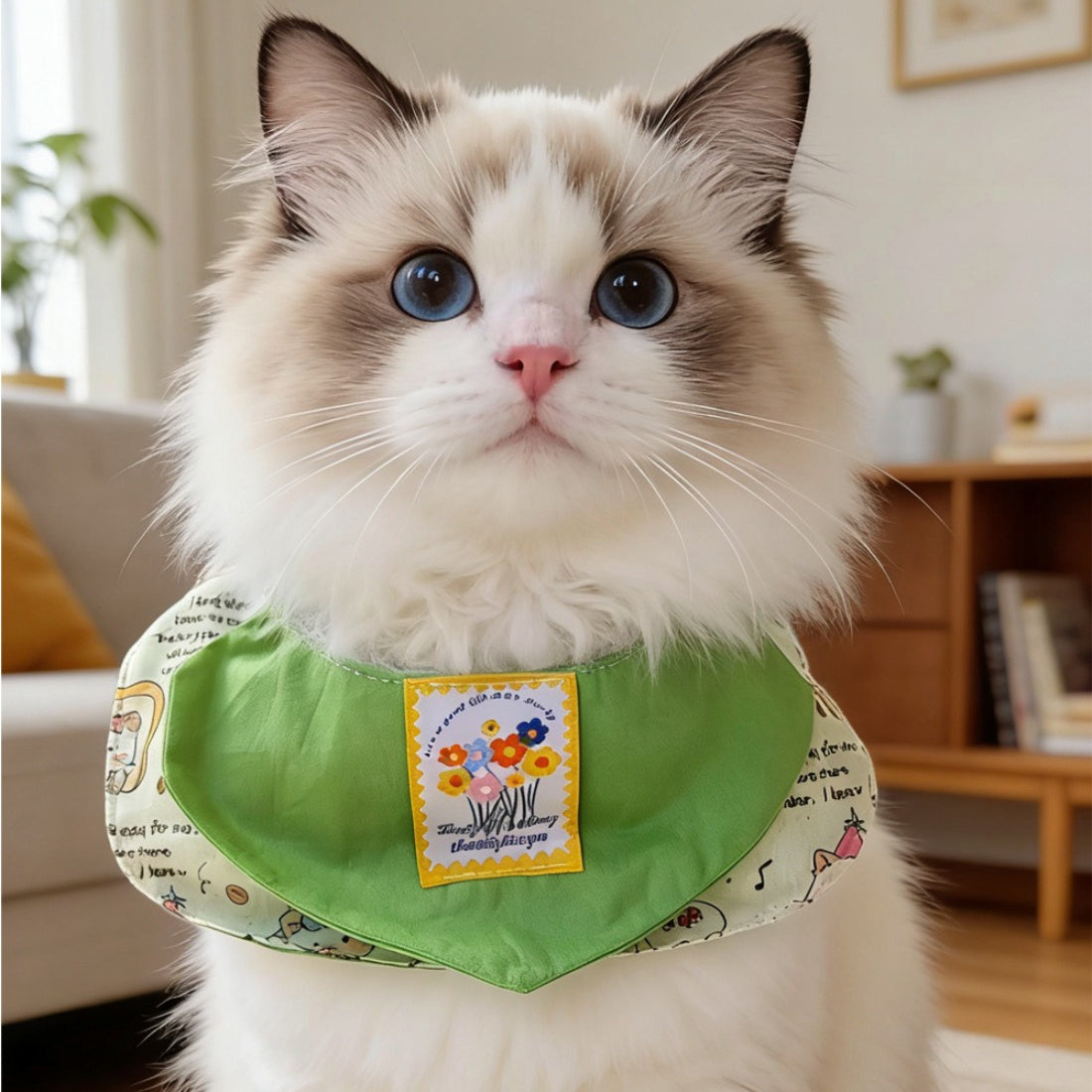 Close-up of Mokka bib showing detailed cartoon cat design