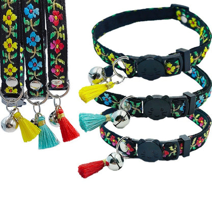 Mokka colorful floral cat collar with tassel and bell displayed on white background