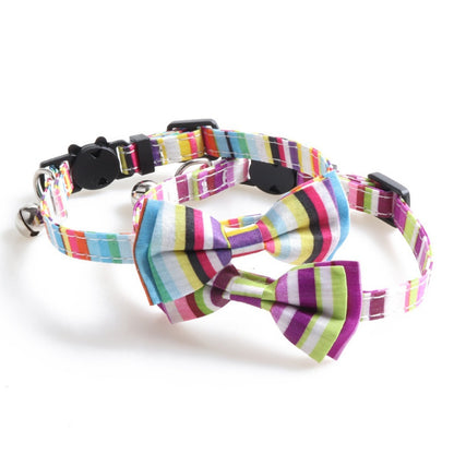 Mokka cat collar with rainbow stripes and bow tie shown from side angle
