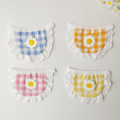 Mokka gingham daisy cat bib with pink and white checkered pattern and floral accents
