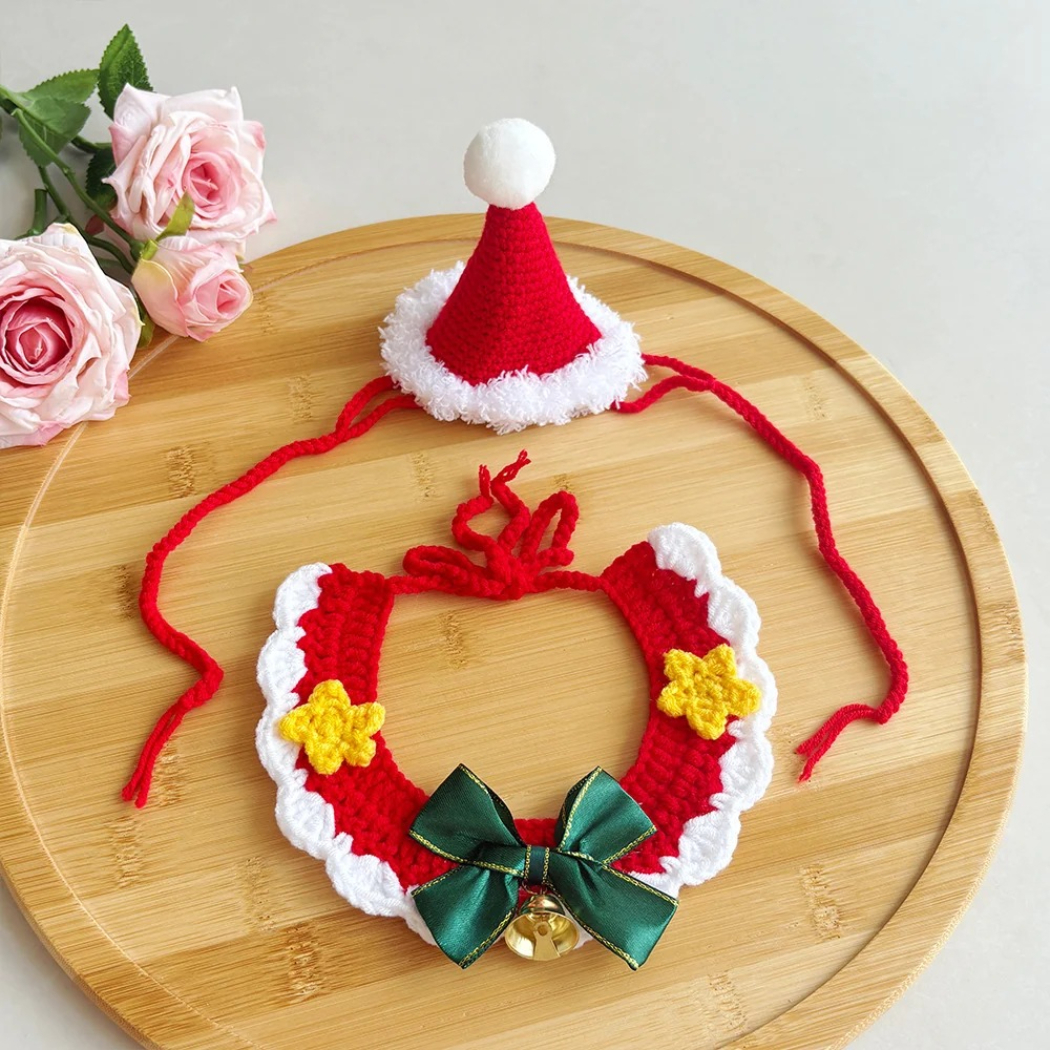 Mokka - Christmas Crochet Hat and Bow Pet Collar