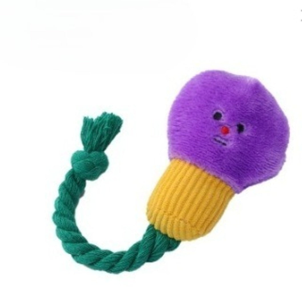 Petkin dog toy showing the plush head and rope from a side angle