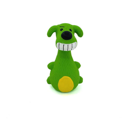 Petkin Grinning Dog rubber toy photographed from above on white background