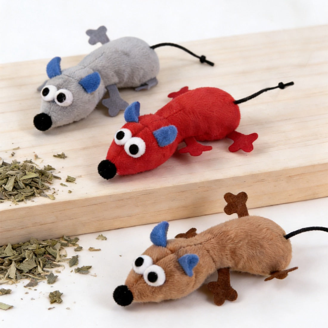 Close-up of Moo mouse cat toy showing detailed stitching and fabric texture