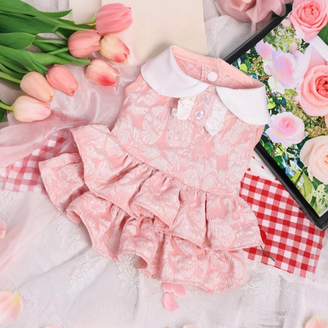 Ozzie - Pink Lace Flower Tiered Ruffle Pet Dress