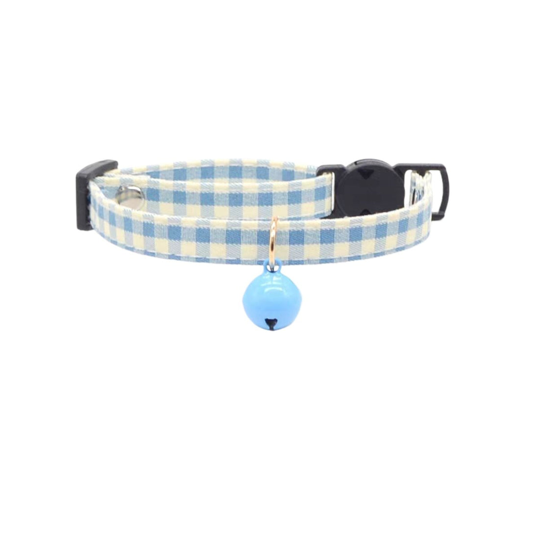 Side view of Mokka gingham cat collar with bell attached on a white background