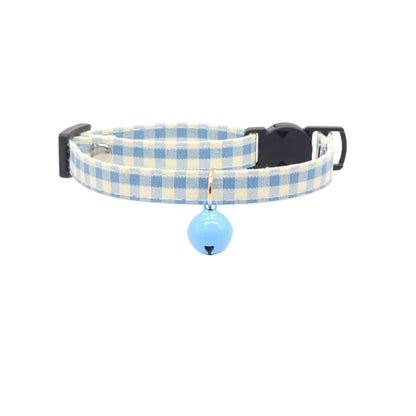 Side view of Mokka gingham cat collar with bell attached on a white background