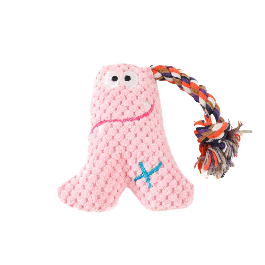 Close-up of Petkin plush monster dog toy showing textured rope tail and stitched eyes