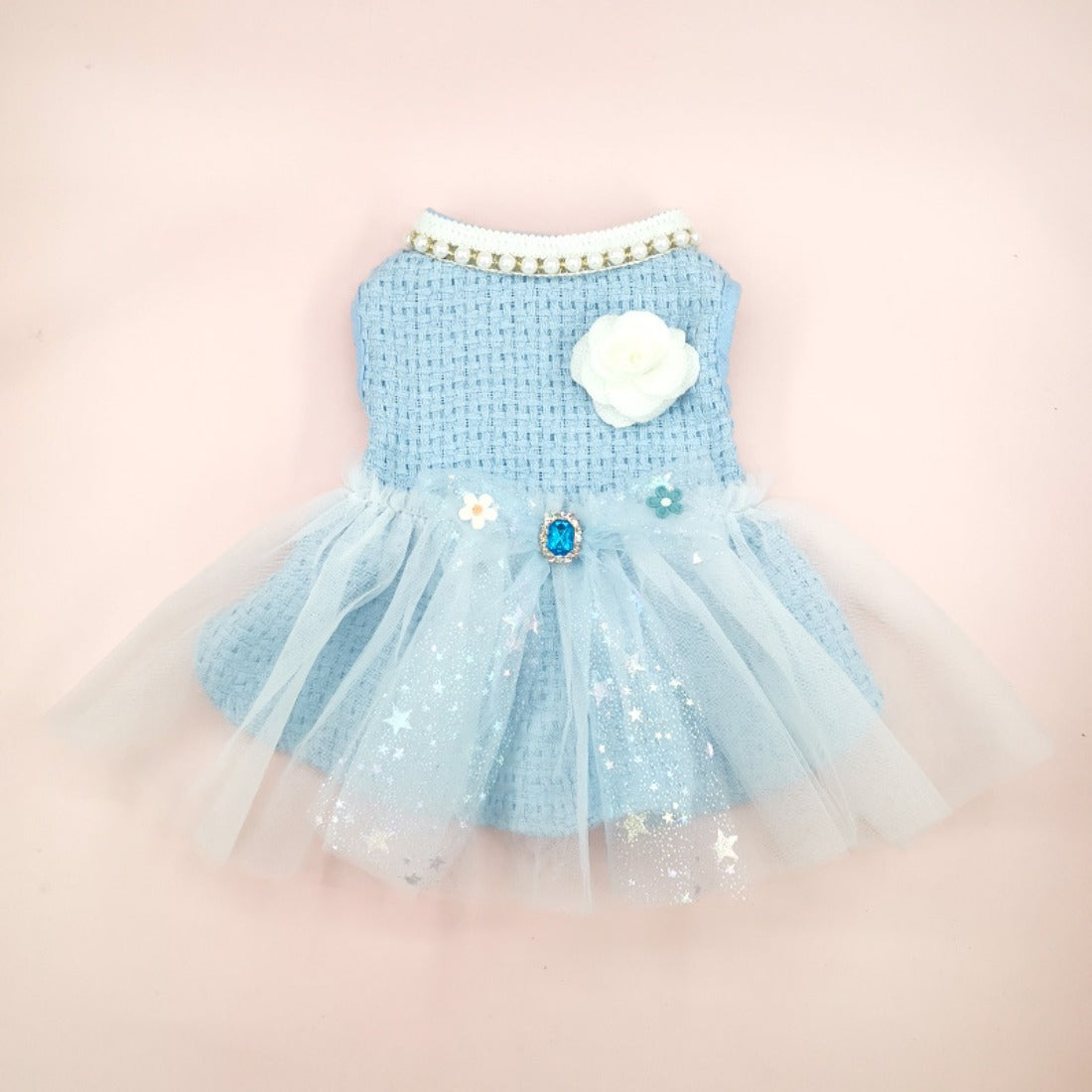 Side view of a cat modeling the Ozzie princess tulle dress with bow