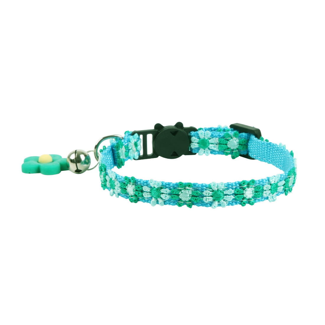 Mokka Rainbow Daisy Pattern Cat Collar with adjustable buckle on white surface