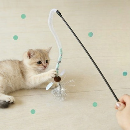 Moo Spring Feather Cat Teaser Wand with colorful feathers attached to a stick