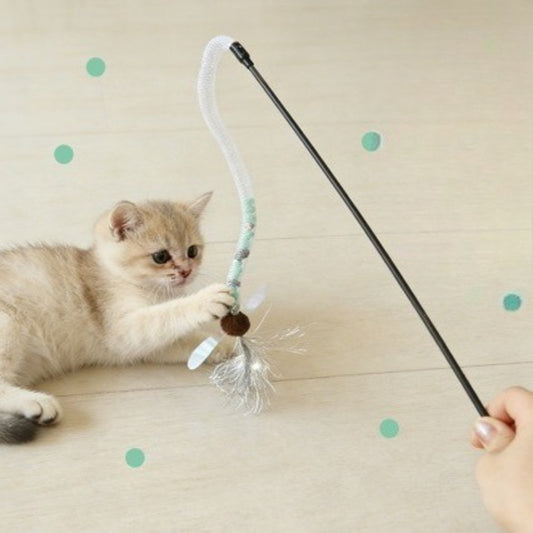 Moo Spring Feather Cat Teaser Wand with colorful feathers attached to a stick