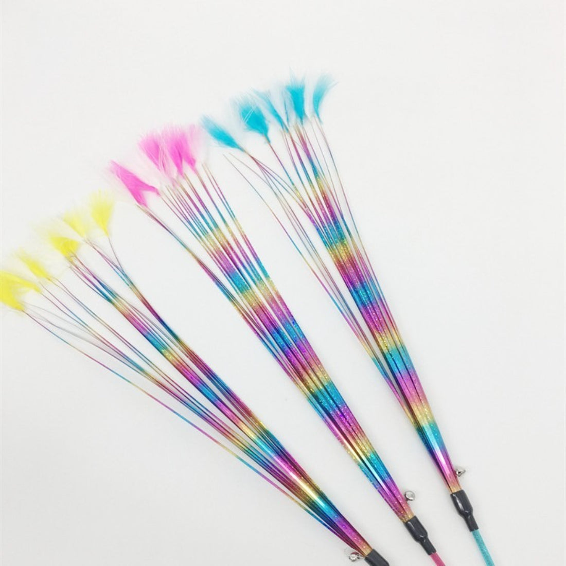 Moo Ribbon Feather Cat Teaser Wand held in hand displaying feather and ribbon details