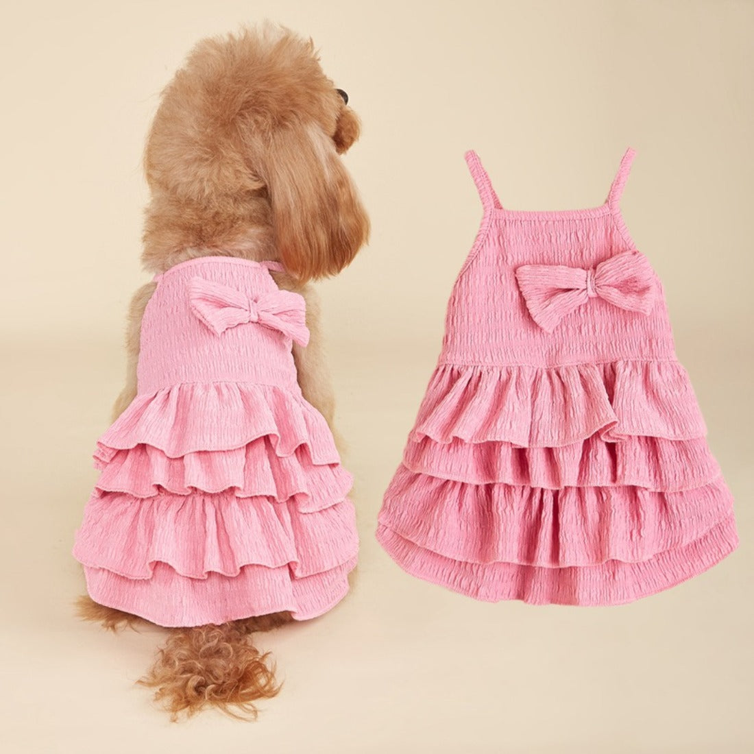 Side view of dog wearing Ozzie summer ruffle dress with bow, showing fit and design