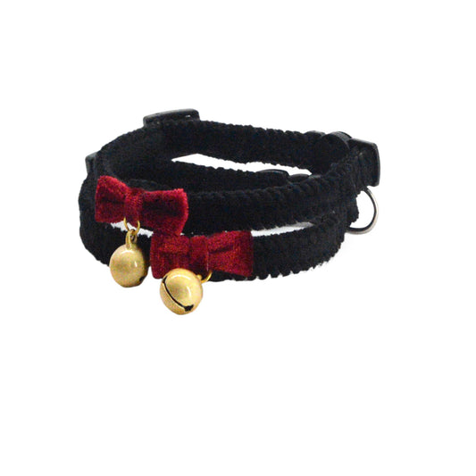 Black velvet cat collar with breakaway safety buckle and silver bell