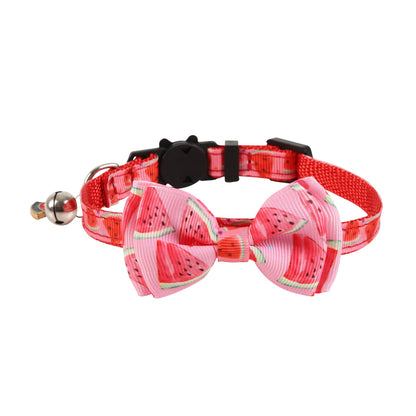 Mokka Tropical Fruit Bow Cat Collar with attached bow featuring tropical fruit illustrations