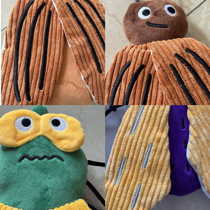 Plush insect cat toys displayed with visible stitching and soft materials for pet play