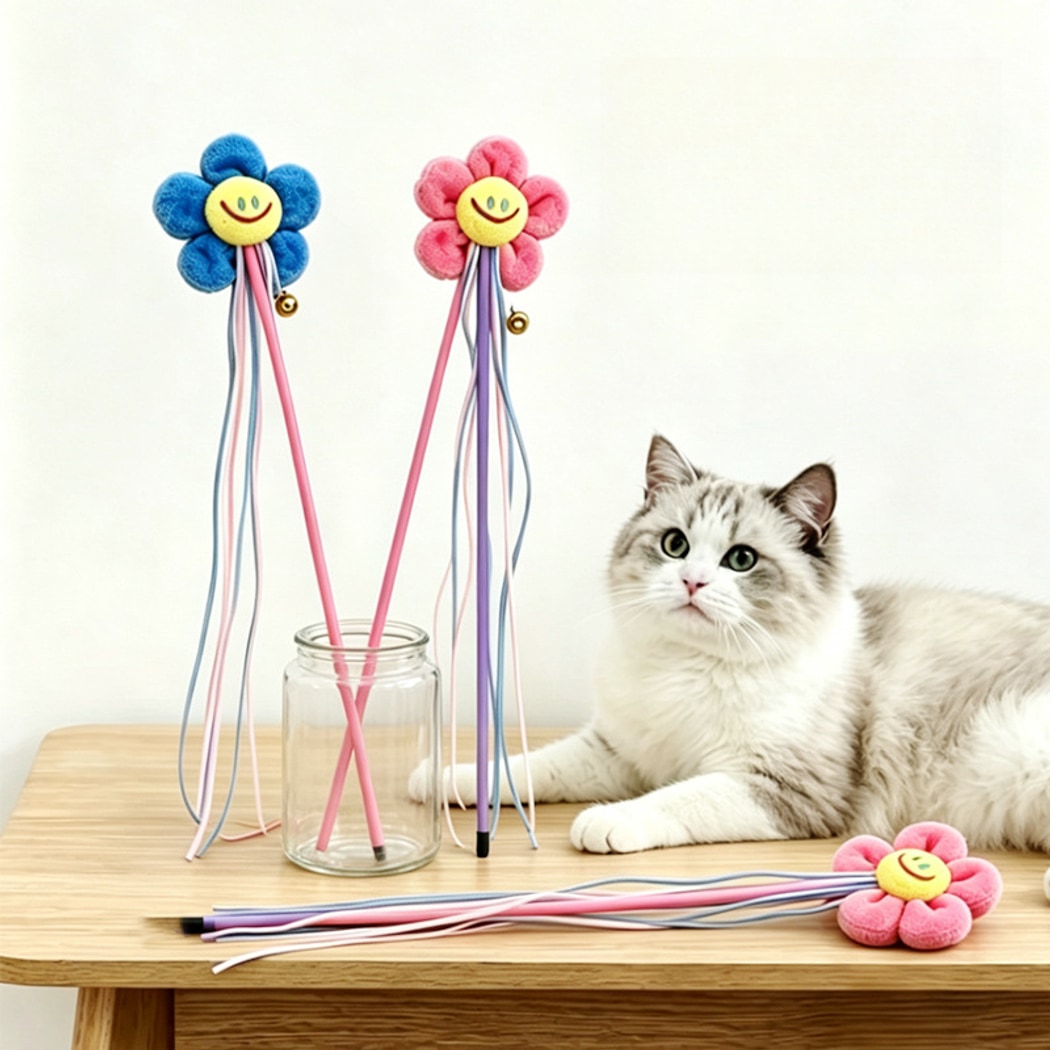 Moo - Smiley Flower Tassel Cat Teaser Wand Toy