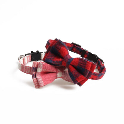 Close-up of Mokka plaid bow tie cat collar showing adjustable strap and breakaway clasp