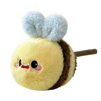 Moo Plush Bee Cat Toy with yellow and black stripes and white wings on a white background
