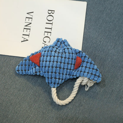 Close-up of the plush stingray head on the Petkin Rope Tug dog toy showing stitched eyes and fins