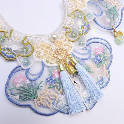 Top view of Mokka embroidered blossom collar focusing on blossom embroidery design