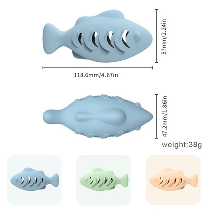 Moo dual-sided leaky cat food toy fish design angled view on plain surface