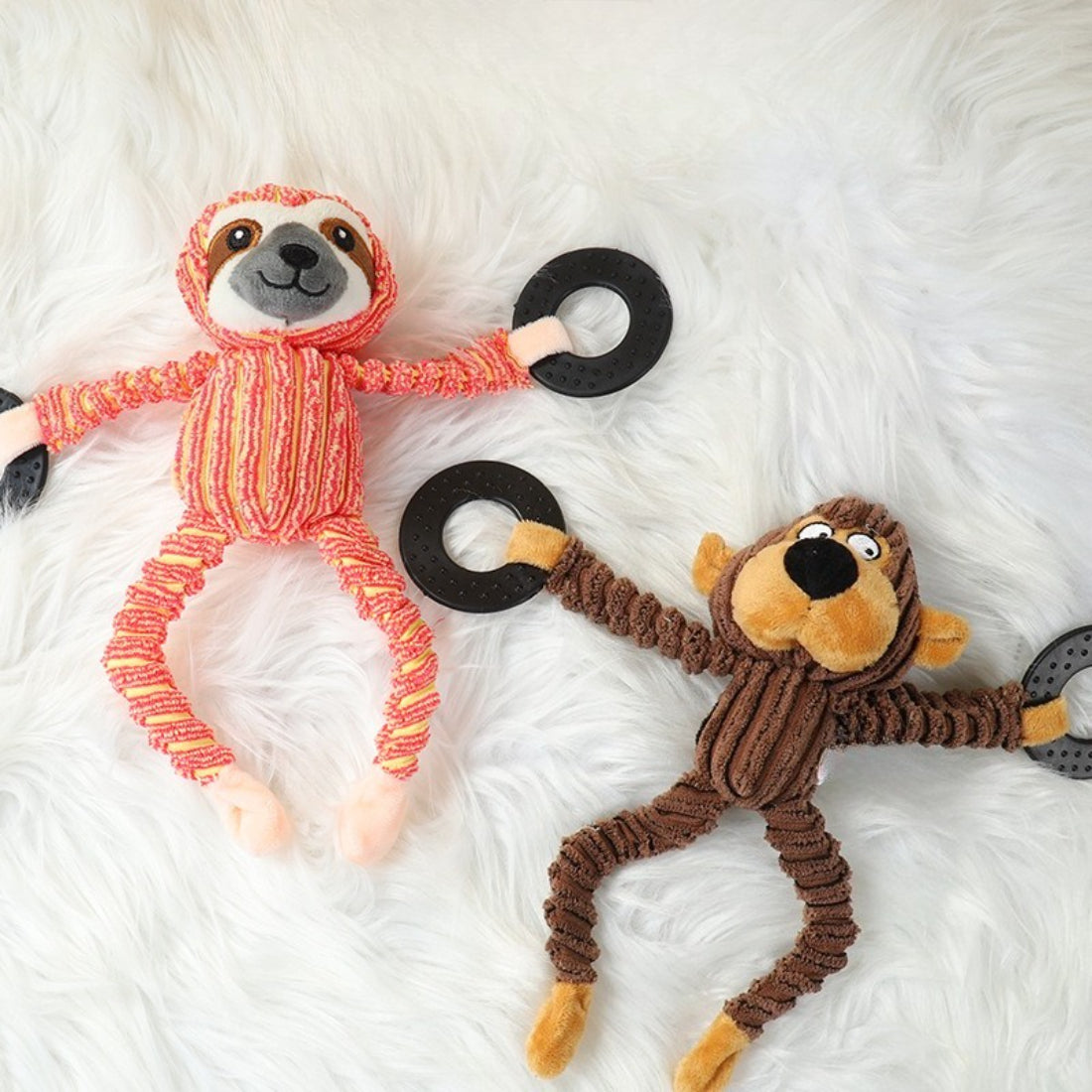 Close-up of Petkin Monkey Dog Plush Toy showing soft fabric and attached rings