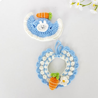 Side view of cat wearing Mokka crochet carrot collar with orange carrot detail