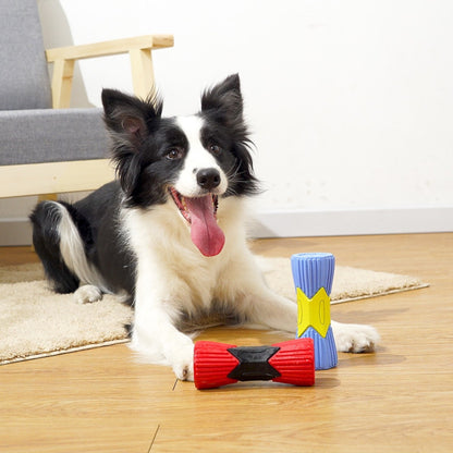 Orange Chewia Cylinder Chew Squeaky Toy held in hand showing size and shape