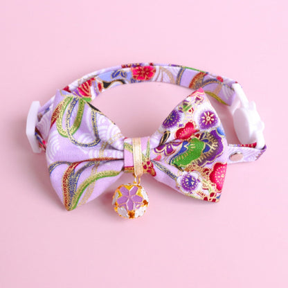 Mokka - Kimono Bow Tie Cat Collar – Adjustable with Traditional Floral Charm