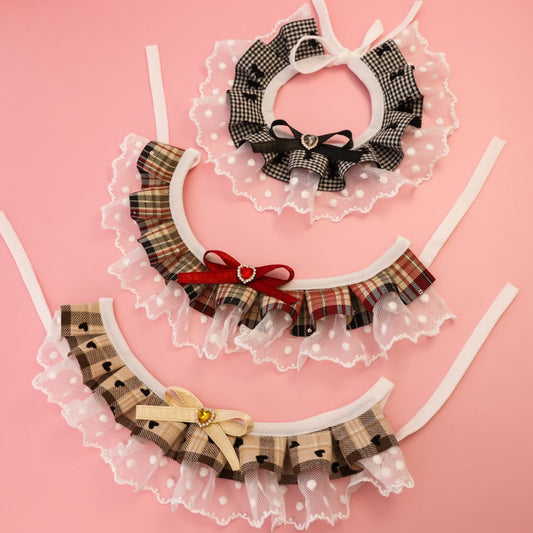 Mokka - Plaid Lace Ruffle Heart Accent Cat Collar