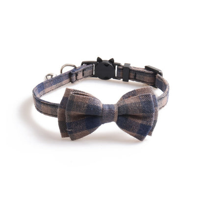 Mokka plaid bow tie cat collar with bell shown from above