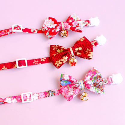 Mokka - Kimono Bow Tie Cat Collar – Adjustable with Traditional Floral Charm