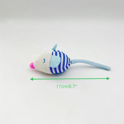 Close-up of striped mouse cat toy showing detailed fabric texture and pattern