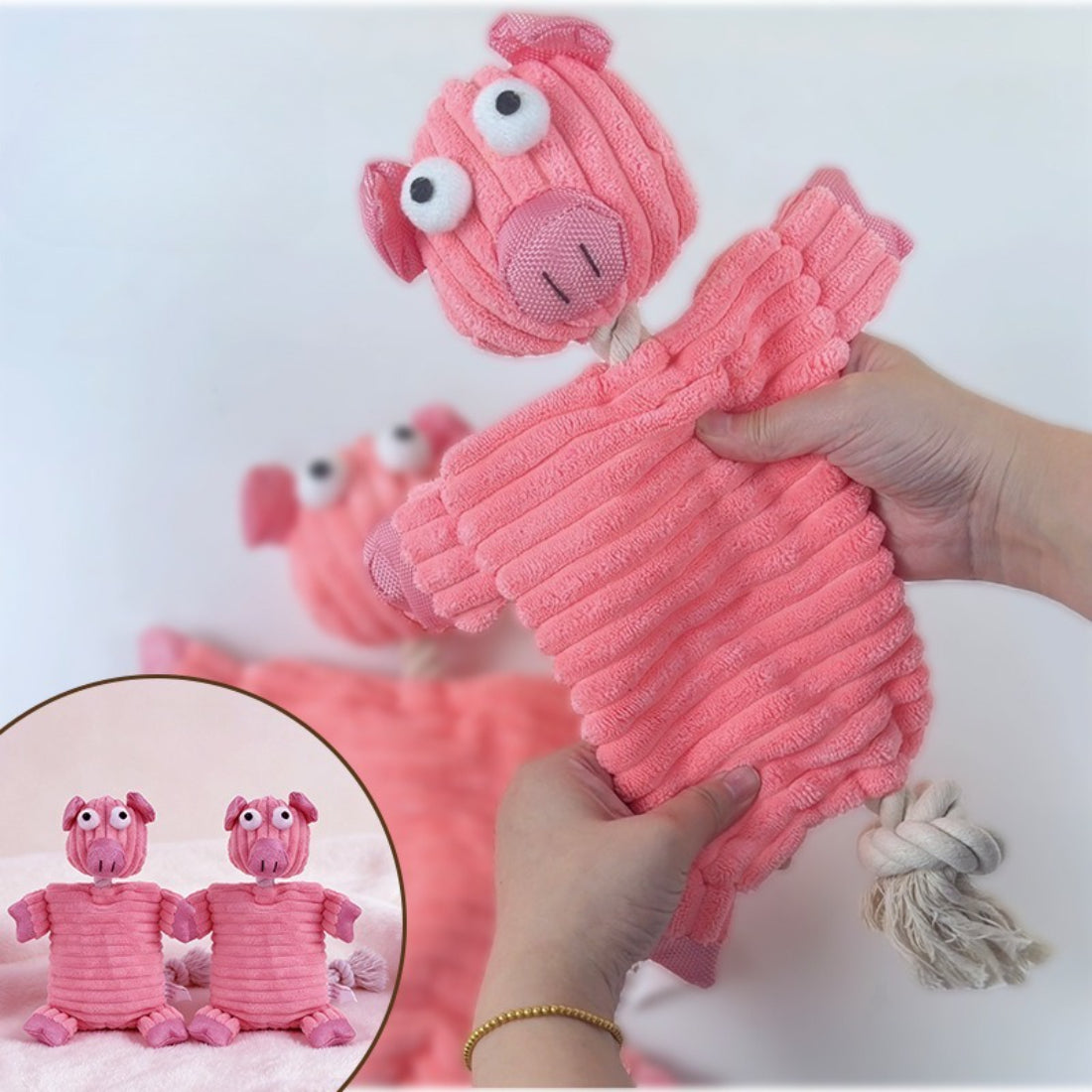 Close-up of Petkin Pig Rope Plush Dog Toy showing pig face and rope texture