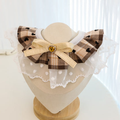 Mokka - Plaid Lace Ruffle Heart Accent Cat Collar