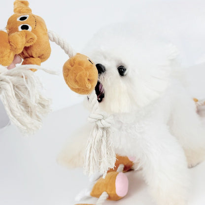 Close-up of the chicken drumstick plush attached to the red rope dog toy