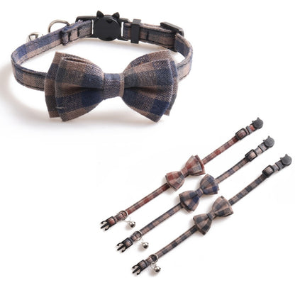 Mokka soft plaid bow tie cat collar with bell displayed on white background