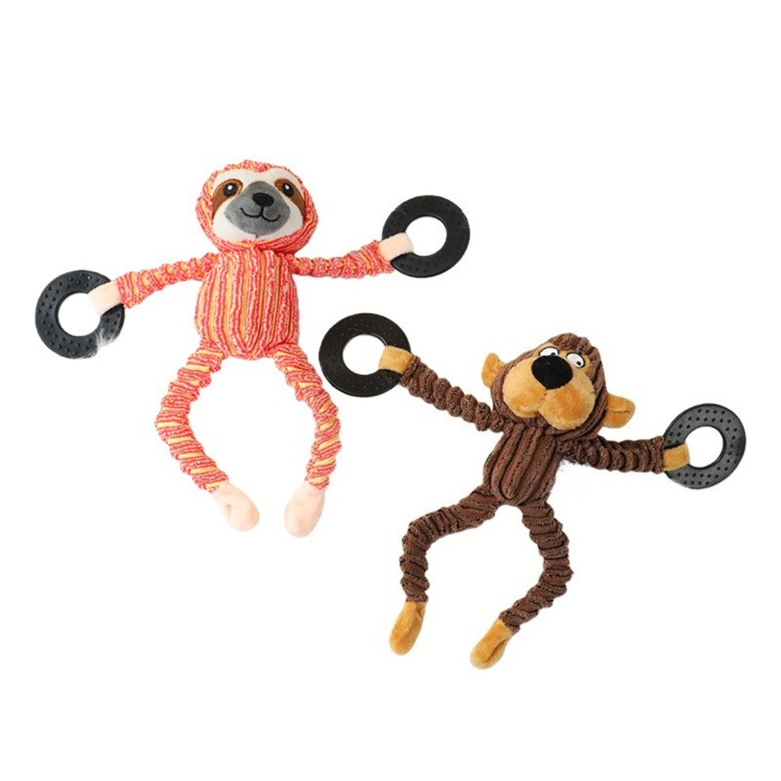 Petkin Monkey Dog Plush Toy with colorful rings attached on a white background