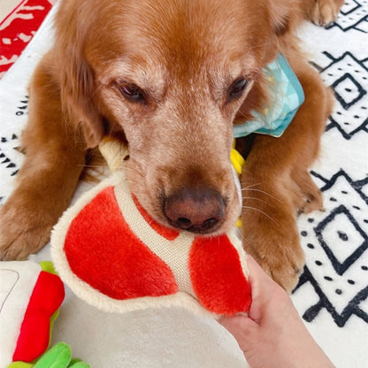 Plush ham toy positioned to show rounded ends and stitched decoration