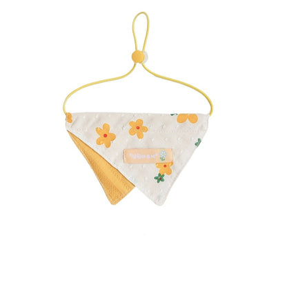 Side view of Mokka gingham sunflower cat bib showing adjustable strap