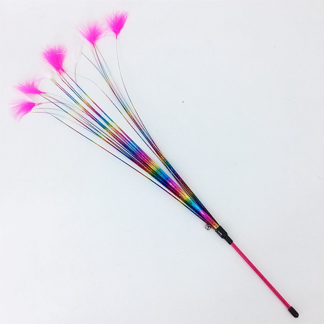Moo Ribbon Feather Cat Teaser Wand with vibrant feathers and ribbons attached to a stick