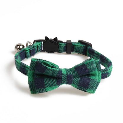 Adjustable strap and breakaway clasp of Mokka plaid bow tie cat collar in detail