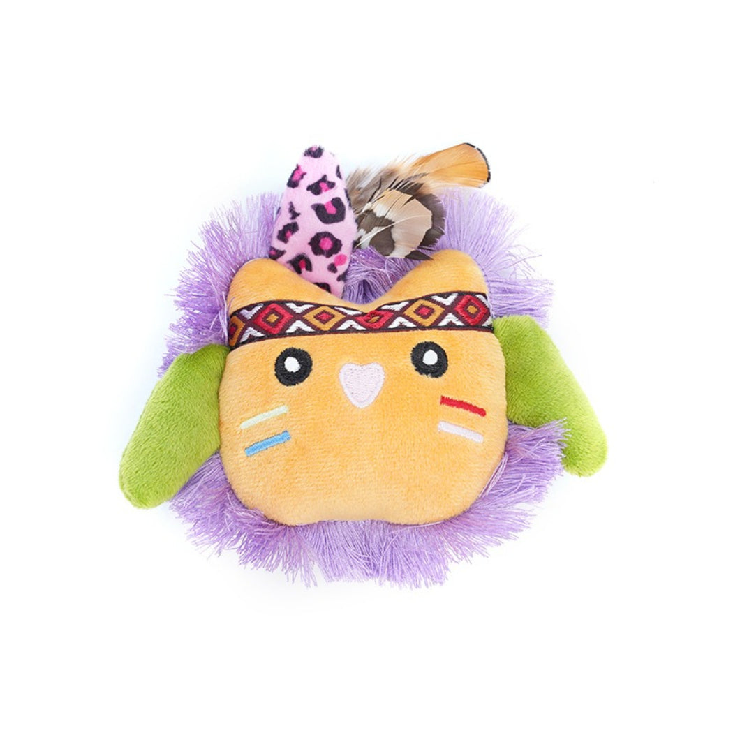 Moo Boho Feather Face Plush Cat Toss Toy with colorful feather design on white background