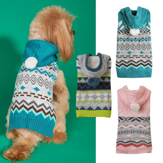 Ozzie - Hooded Pom Pom Geometric Pattern Dog Sweater