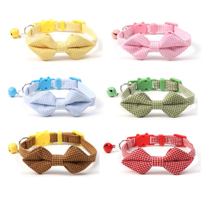 Mokka gingham bow tie cat collar with bell on white background